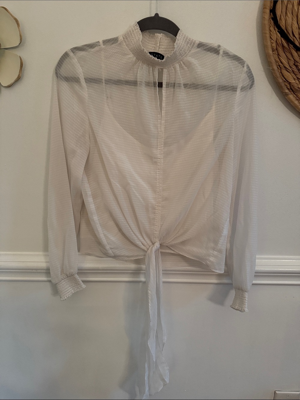 Sheer Tie-Front Long Sleeve Blouse in Ivory